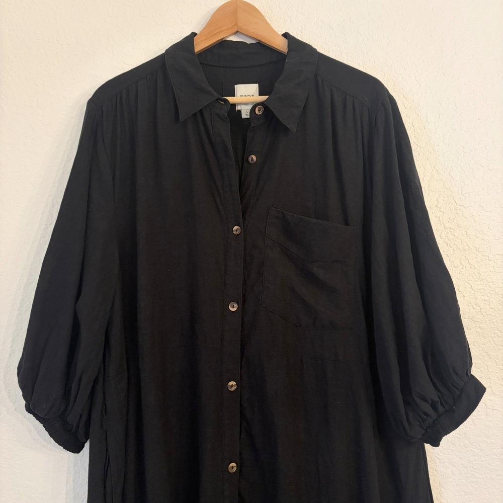 Anthropologie Maeve Mona Linen Shirt Dress L Maxi Puff Sleeve Resort Beach Black - Picture 5 of 12